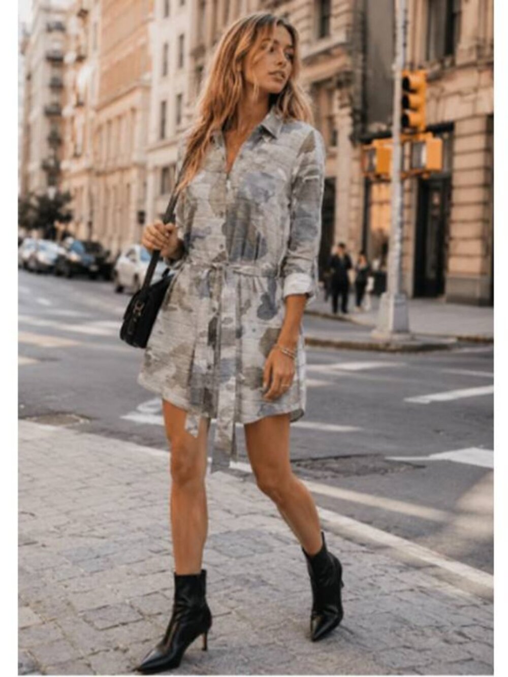 Womens Camo Print Stretch Soft Cotton Mini Dress Rolled Up Sleeves Military Gray